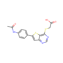 CC(=O)Nc1ccc(-c2cc3ncnc(SCC(=O)O)c3s2)cc1 ZINC000072142824