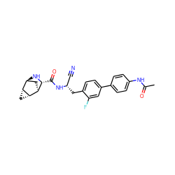 CC(=O)Nc1ccc(-c2ccc(C[C@@H](C#N)NC(=O)[C@H]3N[C@H]4C[C@@H]3[C@@H]3C[C@H]43)c(F)c2)cc1 ZINC000219295567