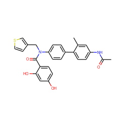 CC(=O)Nc1ccc(-c2ccc(N(Cc3ccsc3)C(=O)c3ccc(O)cc3O)cc2)c(C)c1 ZINC000653768952