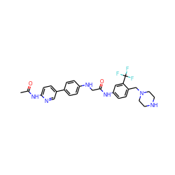 CC(=O)Nc1ccc(-c2ccc(NCC(=O)Nc3ccc(CN4CCNCC4)c(C(F)(F)F)c3)cc2)cn1 ZINC000146545882