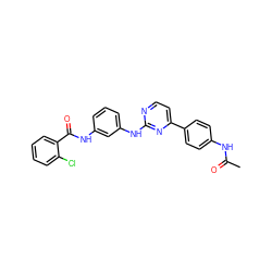 CC(=O)Nc1ccc(-c2ccnc(Nc3cccc(NC(=O)c4ccccc4Cl)c3)n2)cc1 ZINC000095562198