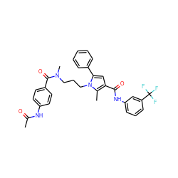 CC(=O)Nc1ccc(C(=O)N(C)CCCn2c(-c3ccccc3)cc(C(=O)Nc3cccc(C(F)(F)F)c3)c2C)cc1 ZINC000221029033