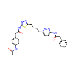 CC(=O)Nc1ccc(CC(=O)Nc2nnc(CCCCc3ccc(NC(=O)Cc4ccccc4)nn3)s2)cc1 ZINC000169698328