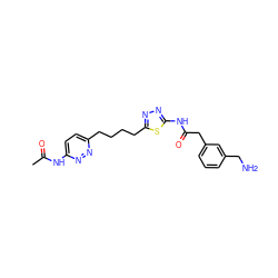 CC(=O)Nc1ccc(CCCCc2nnc(NC(=O)Cc3cccc(CN)c3)s2)nn1 ZINC000169698327