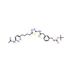 CC(=O)Nc1ccc(CCCCc2nnc(NC(=O)Cc3cccc(CNC(=O)OC(C)(C)C)c3)s2)nn1 ZINC000169698326