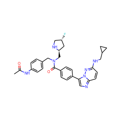 CC(=O)Nc1ccc(CN(C[C@@H]2C[C@@H](F)CN2)C(=O)c2ccc(-c3cnc4ccc(NCC5CC5)nn34)cc2)cc1 ZINC000066076880