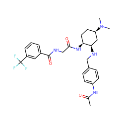 CC(=O)Nc1ccc(CN[C@@H]2C[C@H](N(C)C)CC[C@@H]2NC(=O)CNC(=O)c2cccc(C(F)(F)F)c2)cc1 ZINC000040933974