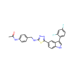 CC(=O)Nc1ccc(CNc2nnc(-c3ccc4[nH]cc(-c5ccc(F)cc5F)c4c3)s2)cc1 ZINC000204759043