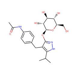 CC(=O)Nc1ccc(Cc2c(O[C@@H]3O[C@H](CO)[C@@H](O)[C@H](O)[C@H]3O)n[nH]c2C(C)C)cc1 ZINC000038732505