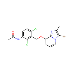 CC(=O)Nc1ccc(Cl)c(COc2cccn3c(Br)c(C)nc23)c1Cl ZINC000013778260