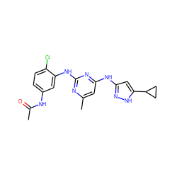 CC(=O)Nc1ccc(Cl)c(Nc2nc(C)cc(Nc3cc(C4CC4)[nH]n3)n2)c1 ZINC000203007467