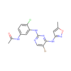 CC(=O)Nc1ccc(Cl)c(Nc2ncc(Br)c(Nc3cc(C)on3)n2)c1 ZINC000035861613