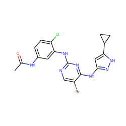 CC(=O)Nc1ccc(Cl)c(Nc2ncc(Br)c(Nc3cc(C4CC4)[nH]n3)n2)c1 ZINC000138142206