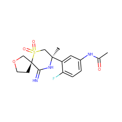 CC(=O)Nc1ccc(F)c([C@]2(C)CS(=O)(=O)[C@]3(CCOC3)C(=N)N2)c1 ZINC000147249992