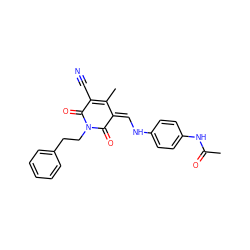 CC(=O)Nc1ccc(N/C=C2\C(=O)N(CCc3ccccc3)C(=O)C(C#N)=C2C)cc1 ZINC000005955784