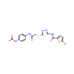 CC(=O)Nc1ccc(NC(=O)CSc2nnc(NC(=O)c3ccc(Br)o3)s2)cc1 ZINC000008822194