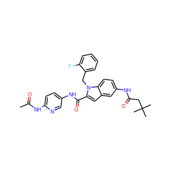 CC(=O)Nc1ccc(NC(=O)c2cc3cc(NC(=O)CC(C)(C)C)ccc3n2Cc2ccccc2F)cn1 ZINC000028526297