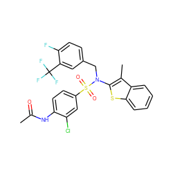 CC(=O)Nc1ccc(S(=O)(=O)N(Cc2ccc(F)c(C(F)(F)F)c2)c2sc3ccccc3c2C)cc1Cl ZINC000115237797