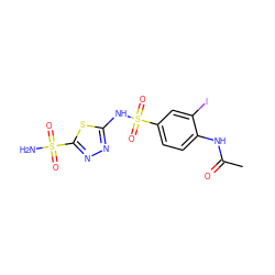 CC(=O)Nc1ccc(S(=O)(=O)Nc2nnc(S(N)(=O)=O)s2)cc1I ZINC000013520175