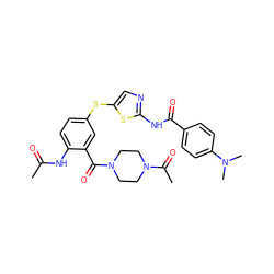 CC(=O)Nc1ccc(Sc2cnc(NC(=O)c3ccc(N(C)C)cc3)s2)cc1C(=O)N1CCN(C(C)=O)CC1 ZINC000036184879