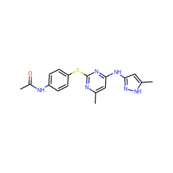 CC(=O)Nc1ccc(Sc2nc(C)cc(Nc3cc(C)[nH]n3)n2)cc1 ZINC000043121732