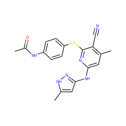 CC(=O)Nc1ccc(Sc2nc(Nc3cc(C)[nH]n3)cc(C)c2C#N)cc1 ZINC000071335415