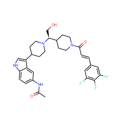 CC(=O)Nc1ccc2[nH]cc(C3CCN([C@@H](CO)C4CCN(C(=O)/C=C/c5cc(F)c(F)c(F)c5)CC4)CC3)c2c1 ZINC000029044500