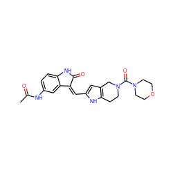 CC(=O)Nc1ccc2c(c1)/C(=C/c1cc3c([nH]1)CCN(C(=O)N1CCOCC1)C3)C(=O)N2 ZINC000101687581