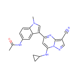 CC(=O)Nc1ccc2c(c1)c(-c1cc(NC3CC3)n3ncc(C#N)c3n1)cn2C ZINC000084711902