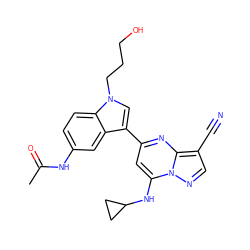 CC(=O)Nc1ccc2c(c1)c(-c1cc(NC3CC3)n3ncc(C#N)c3n1)cn2CCCO ZINC000084669692