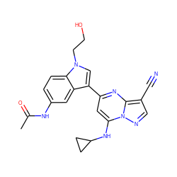 CC(=O)Nc1ccc2c(c1)c(-c1cc(NC3CC3)n3ncc(C#N)c3n1)cn2CCO ZINC000084669691