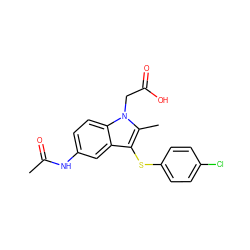 CC(=O)Nc1ccc2c(c1)c(Sc1ccc(Cl)cc1)c(C)n2CC(=O)O ZINC000073195785