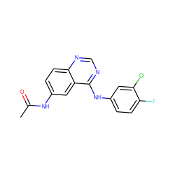 CC(=O)Nc1ccc2ncnc(Nc3ccc(F)c(Cl)c3)c2c1 ZINC000653861685