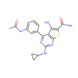 CC(=O)Nc1cccc(-c2nc(NC3CC3)nc3sc(C(N)=O)c(N)c23)c1 ZINC000073219075