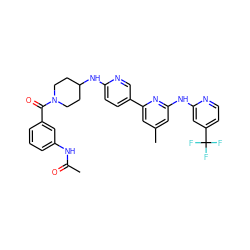 CC(=O)Nc1cccc(C(=O)N2CCC(Nc3ccc(-c4cc(C)cc(Nc5cc(C(F)(F)F)ccn5)n4)cn3)CC2)c1 ZINC001772583197