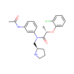 CC(=O)Nc1cccc(N(C[C@H]2CCCN2)C(=O)[C@H](C)Oc2ccccc2Cl)c1 ZINC000045506564