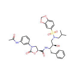 CC(=O)Nc1cccc(N2C[C@@H](C(=O)N[C@@H](Cc3ccccc3)[C@H](O)CN(CC(C)C)S(=O)(=O)c3ccc4c(c3)OCO4)OC2=O)c1 ZINC000072138045