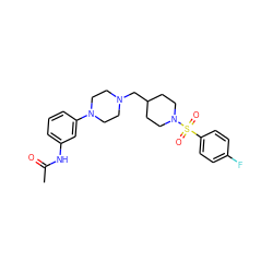 CC(=O)Nc1cccc(N2CCN(CC3CCN(S(=O)(=O)c4ccc(F)cc4)CC3)CC2)c1 ZINC000013703879