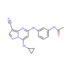 CC(=O)Nc1cccc(Nc2cc(NC3CC3)n3ncc(C#N)c3n2)c1 ZINC000653837632