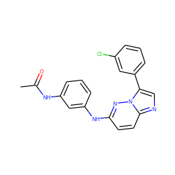 CC(=O)Nc1cccc(Nc2ccc3ncc(-c4cccc(Cl)c4)n3n2)c1 ZINC001772590248