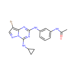 CC(=O)Nc1cccc(Nc2nc(NC3CC3)n3ncc(Br)c3n2)c1 ZINC000028707985