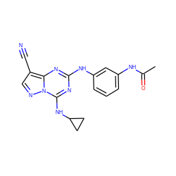 CC(=O)Nc1cccc(Nc2nc(NC3CC3)n3ncc(C#N)c3n2)c1 ZINC000028707974