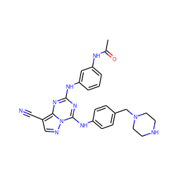 CC(=O)Nc1cccc(Nc2nc(Nc3ccc(CN4CCNCC4)cc3)n3ncc(C#N)c3n2)c1 ZINC000028707988