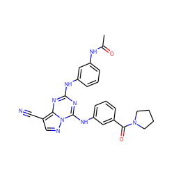 CC(=O)Nc1cccc(Nc2nc(Nc3cccc(C(=O)N4CCCC4)c3)n3ncc(C#N)c3n2)c1 ZINC000028707996