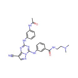 CC(=O)Nc1cccc(Nc2nc(Nc3cccc(C(=O)NCCN(C)C)c3)n3ncc(C#N)c3n2)c1 ZINC000028707995