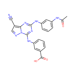 CC(=O)Nc1cccc(Nc2nc(Nc3cccc(C(=O)O)c3)n3ncc(C#N)c3n2)c1 ZINC000028707992