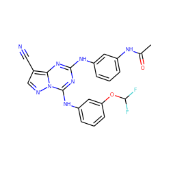 CC(=O)Nc1cccc(Nc2nc(Nc3cccc(OC(F)F)c3)n3ncc(C#N)c3n2)c1 ZINC000028708004