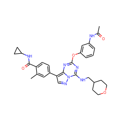 CC(=O)Nc1cccc(Oc2nc(NCC3CCOCC3)n3ncc(-c4ccc(C(=O)NC5CC5)c(C)c4)c3n2)c1 ZINC000213631955