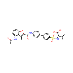 CC(=O)Nc1cccc2oc(C(=O)Nc3ccc(-c4ccc(S(=O)(=O)N[C@H](C(=O)O)C(C)C)cc4)cc3)c(C)c12 ZINC000043012178