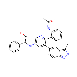 CC(=O)Nc1ccccc1-c1ncc(N[C@@H](CO)c2ccccc2)cc1-c1ccc2n[nH]c(C)c2c1 ZINC001772573511